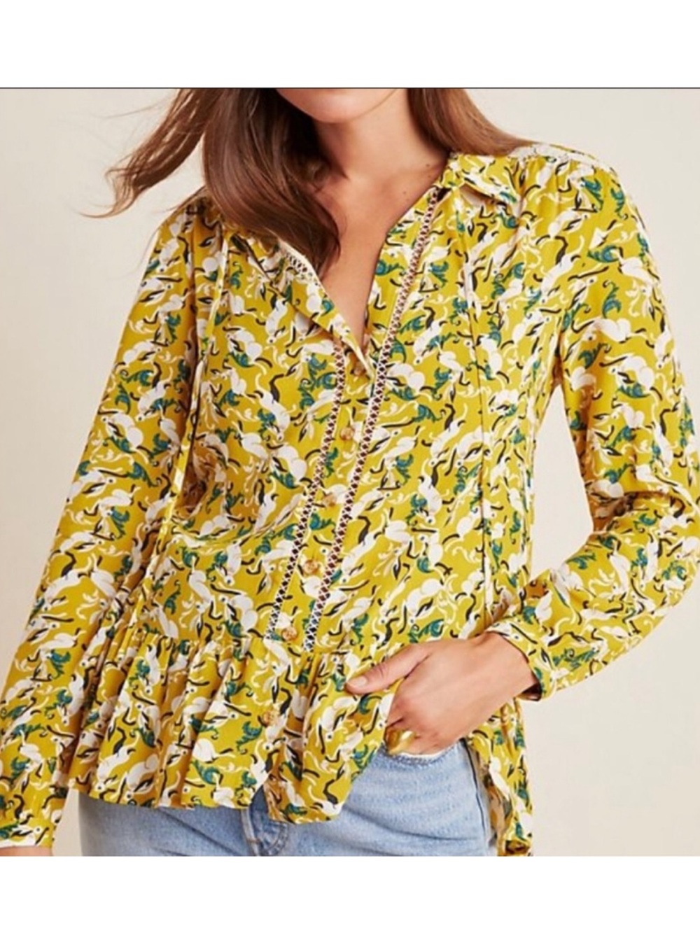 Maeve by Anthropologie Janie Flounced Button Front Peasant Shirt Hare Print 4